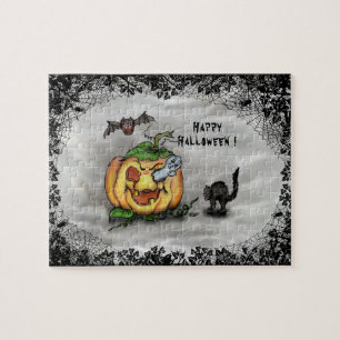 Ghost , Cat , Bat and Pumpkin , Happy Halloween! Jigsaw Puzzle