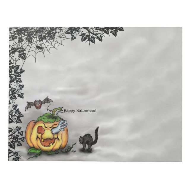 Ghost , Cat , Bat and Pumpkin , Happy Halloween! Notepad (Front)