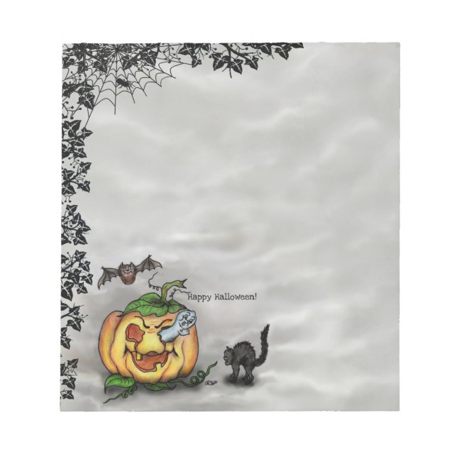 Ghost , Cat , Bat and Pumpkin , Happy Halloween! Notepad (Front)