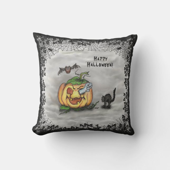 Ghost , Cat , Bat and Pumpkin , Happy Halloween! Outdoor Pillow (Front)