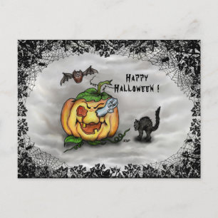 Ghost , Cat , Bat and Pumpkin , Happy Halloween! Postcard