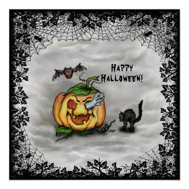 Ghost , Cat , Bat and Pumpkin , Happy Halloween! Poster (Front)