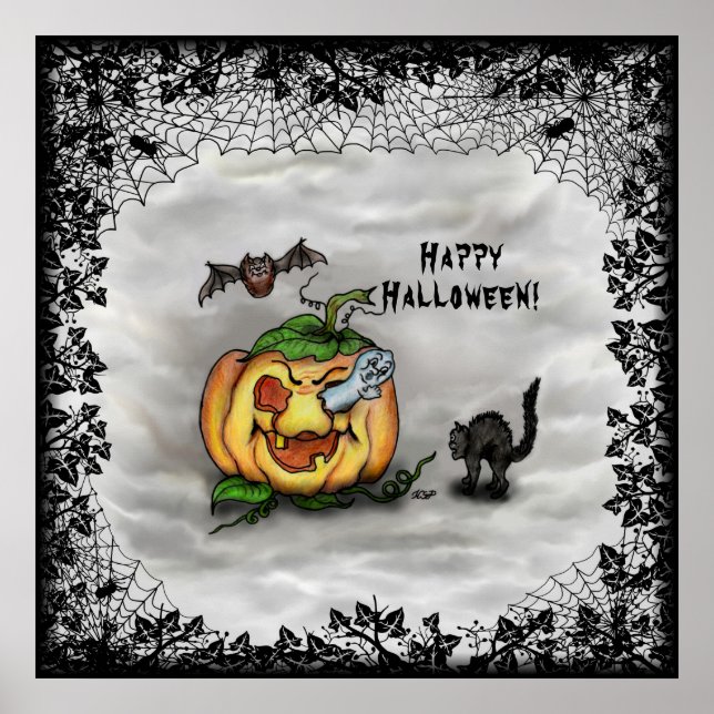Ghost , Cat , Bat and Pumpkin , Happy Halloween! Poster (Front)