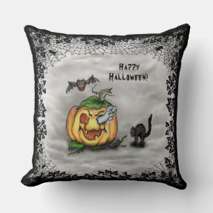 Ghost , Cat , Bat and Pumpkin , Happy Halloween! Throw Pillow