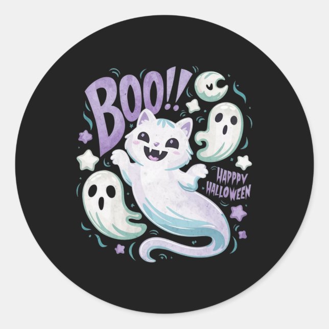 Ghost Cat Boo Kitty Halloween  Classic Round Sticker (Front)