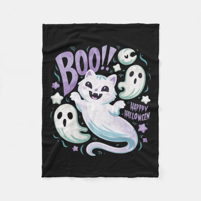 Ghost Cat Boo Kitty Halloween  Fleece Blanket (Front)