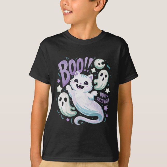 Ghost Cat Boo Kitty Halloween  T-Shirt (Front)