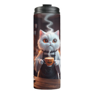 Ghost Cat Café   Whimsical Halloween Art Thermal Tumbler