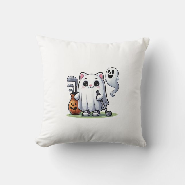 Ghost Cat Golf Pumpkin Halloween. Tank Top Throw Pillow (Front)