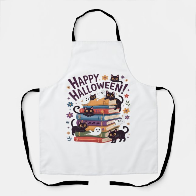 Ghost Cat Reading Books Lover Gifts Halloween Spoo Apron (Front)
