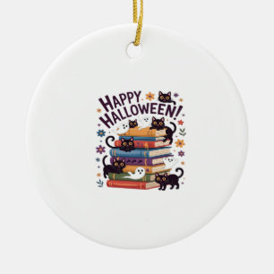 Ghost Cat Reading Books Lover Gifts Halloween Spoo Ceramic Ornament
