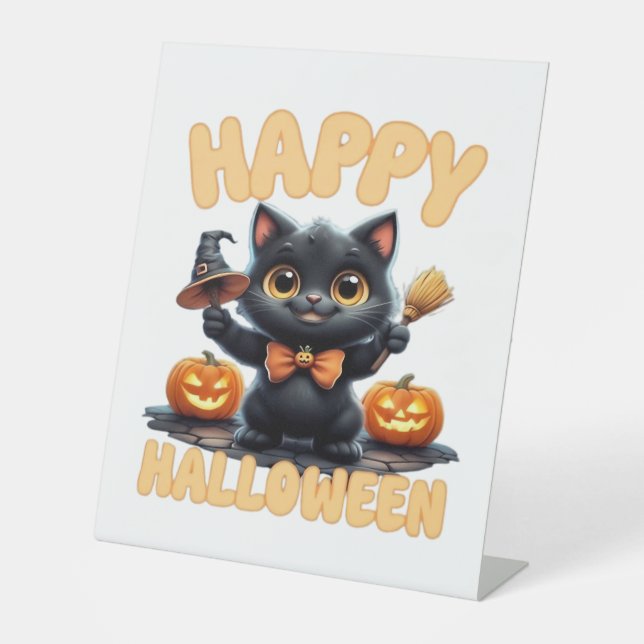 Ghost Cat Tee, Halloween Shirt, Spooky Cute, Unise Pedestal Sign (Front)