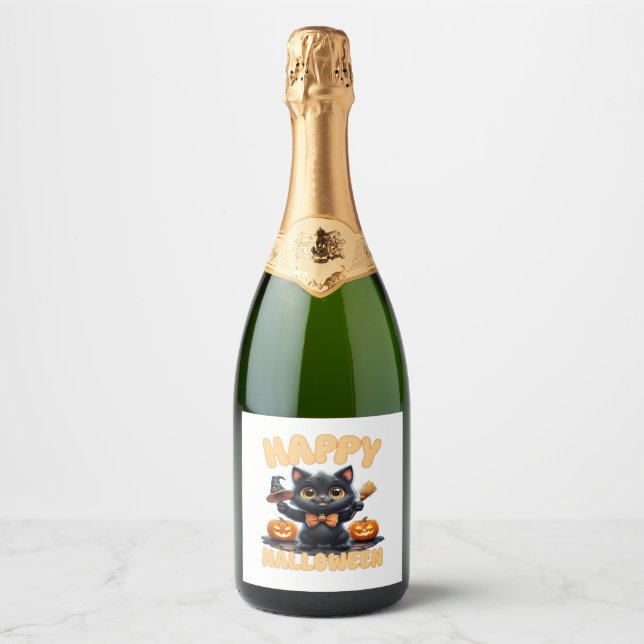 Ghost Cat Tee, Halloween Shirt, Spooky Cute, Unise Sparkling Wine Label (Front)