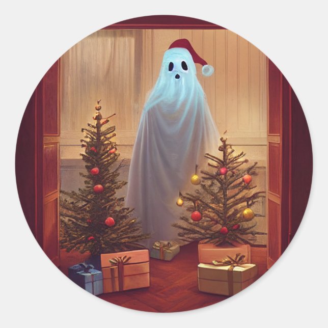 Ghost Celebrating Christmas Classic Round Sticker (Front)