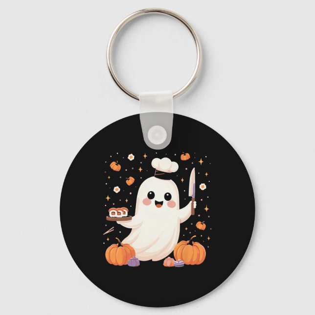 Ghost Chef With Sushi Tray Funny Halloween Spooky  Keychain (Front)