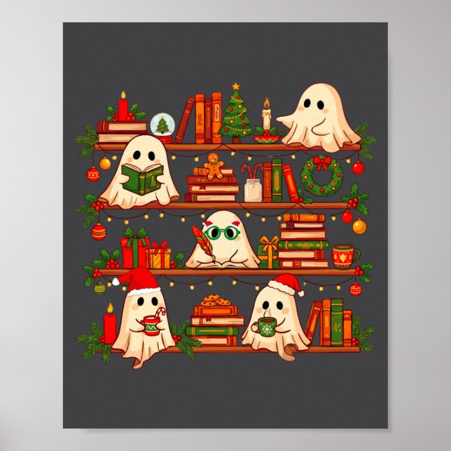 Ghost Christmas Hat Reading Book Bookshelf Lover L Poster (Front)