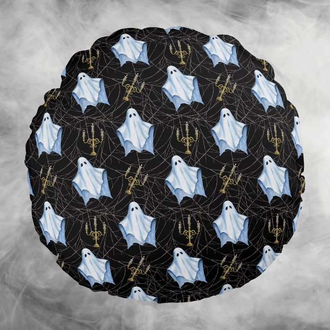 Ghost, Cobwebs & Candelabra Halloween Gothic Black Round Pillow (Creator Uploaded)
