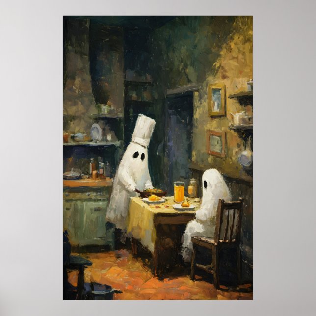 Ghost Cooking Date Painting, Printed Halloween Poster (Front)