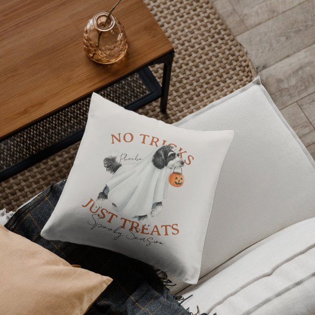 Ghost Costume Dog Doodle Spooky Season Throw Pillow (Elevate your fall home decor with this Ghost Costume Dog Doodle Spooky Season throw pillow! )