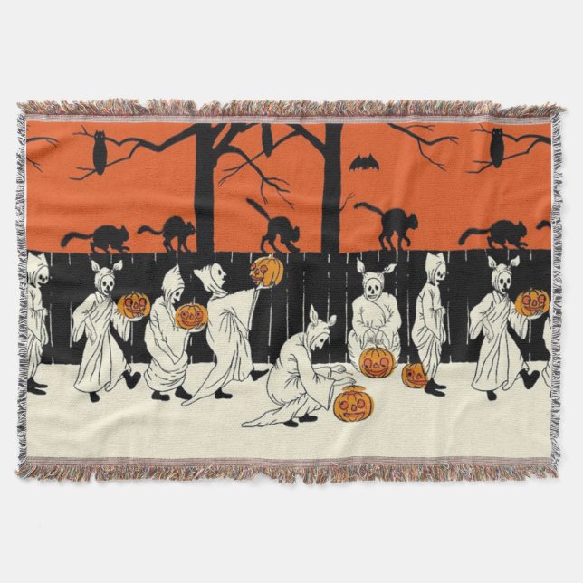 Ghost Costume Jack O Lantern Black Cat Bat Owl Throw Blanket (Front)