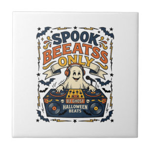 Ghost DJ Spooky Beats Vintage Engraving Halloween Tile