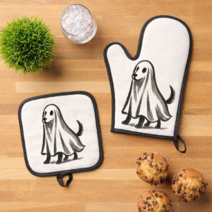 Ghost Dog in Costume – Halloween Ink Style on Oven Mitt & Pot Holder Set