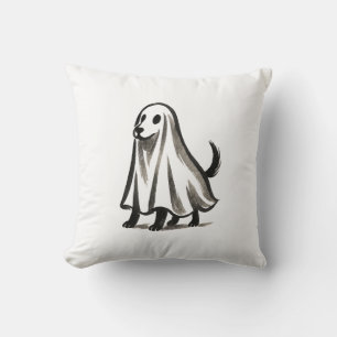Ghost Dog in Costume – Halloween Ink Style on Throw Pillow