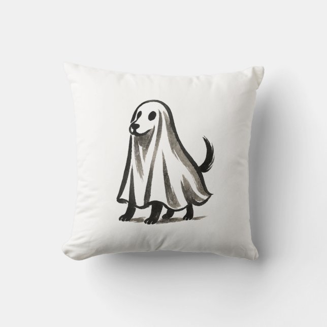 Ghost Dog in Costume – Halloween Ink Style on Throw Pillow (Front)