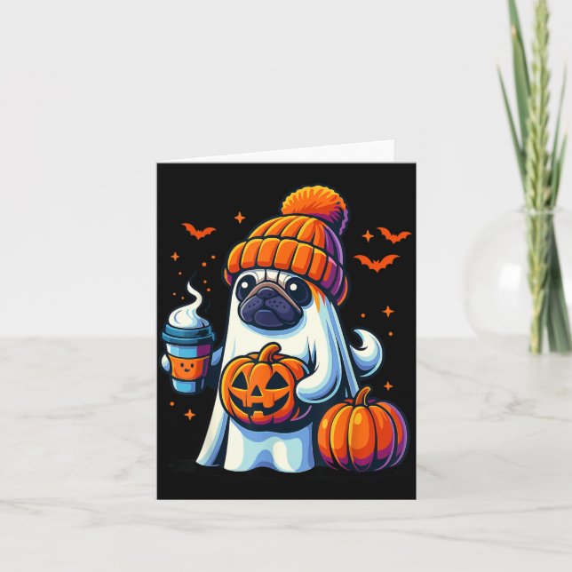 Ghost Dog Pumpkin Drinks Beanie Fall Halloween Card (Front)