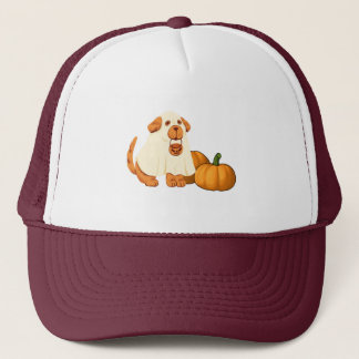 Ghost doggy with pumpkins  trucker hat