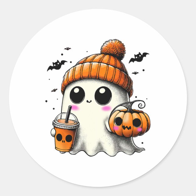 Ghost Drinking Coffee Funny Halloween Costume Coff Classic Round Sticker (Front)