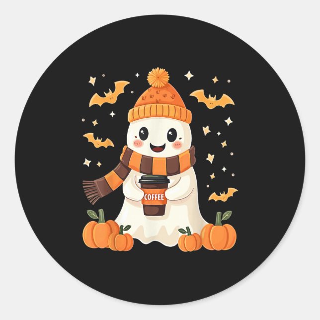 Ghost Drinking Coffee Halloween Cute Ghost Ice Cof Classic Round Sticker (Front)
