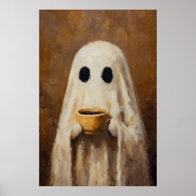 Ghost Drinking Coffee Print Spooky Gothic Kitchen (Front)