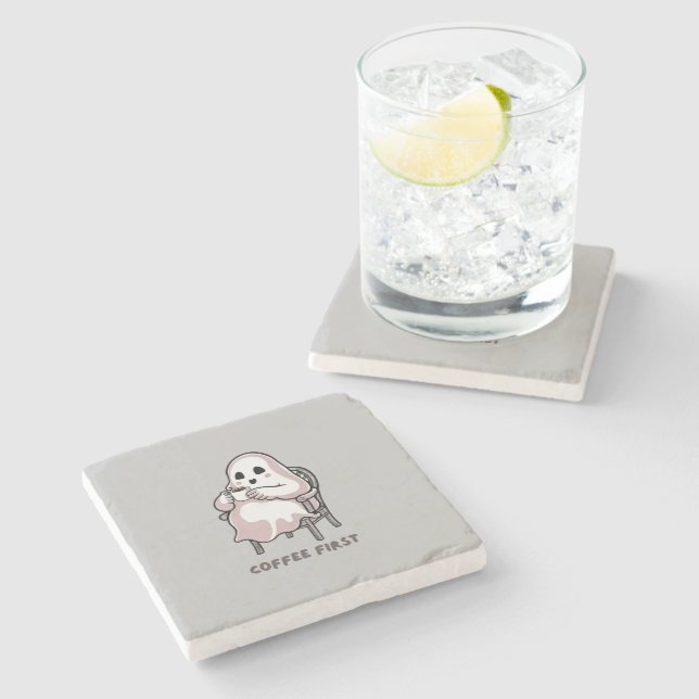 Ghost drinking coffee stone coaster (Side)
