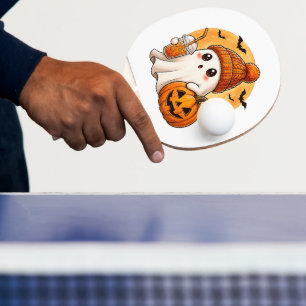Ghost Drinking Iced Coffee with Pumpkin Halloween Ping Pong Paddle