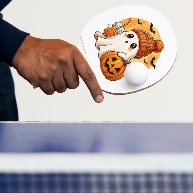 Ghost Drinking Iced Coffee with Pumpkin Halloween Ping Pong Paddle (Insitu)
