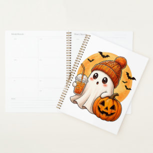 Ghost Drinking Iced Coffee with Pumpkin Halloween Planner