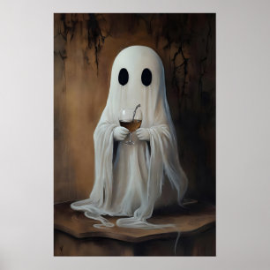 Ghost drinking wine cocktail print, ghost bar poster