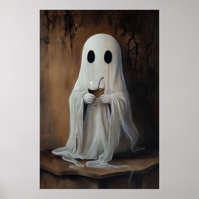Ghost drinking wine cocktail print, ghost bar poster (Front)