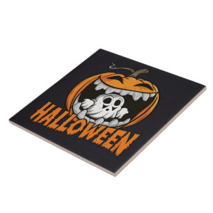 Ghost emerging from a giant Halloween pumpkin Tile