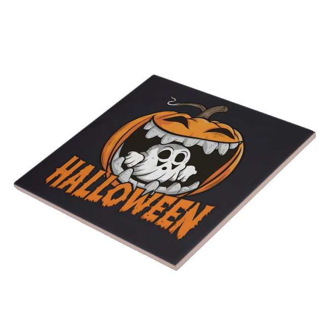 Ghost emerging from a giant Halloween pumpkin Tile (Side)