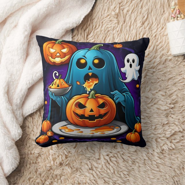 Ghost feasts on pumpkins during Halloween night Throw Pillow (Blanket)