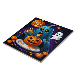 Ghost feasts on pumpkins during Halloween night Tile