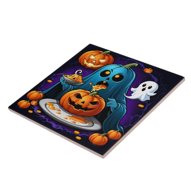 Ghost feasts on pumpkins during Halloween night Tile (Side)
