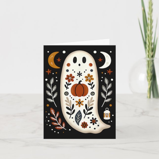 Ghost Folk Art Floral Autumn Fall Pumpkin Spooky H Card (Front)