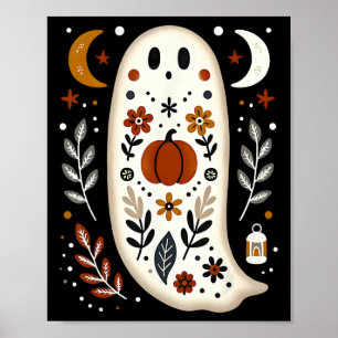 Ghost Folk Art Floral Autumn Fall Pumpkin Spooky H Poster