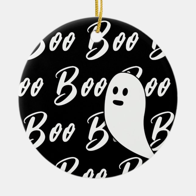 Ghost Halloween black white boo Ceramic Ornament (Front)