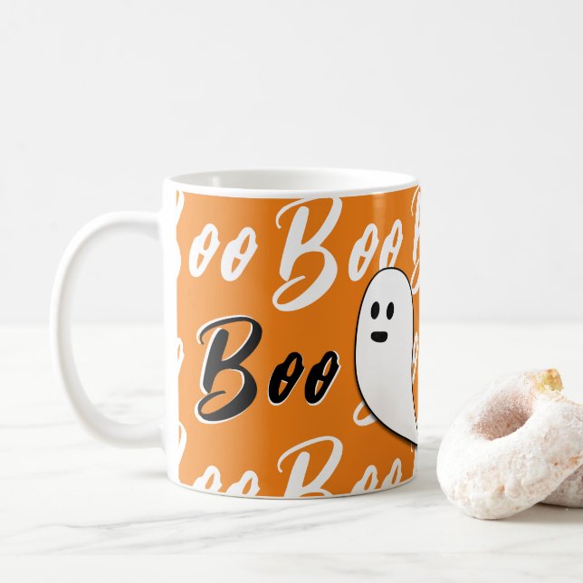 Ghost Halloween black white orange boo Coffee Mug (With Donut)