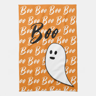 Ghost Halloween black white orange boo Kitchen Towel