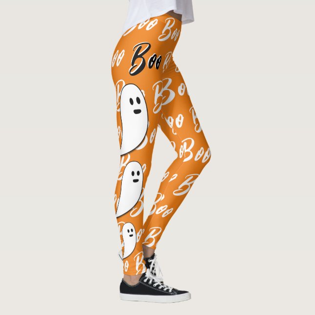 Ghost Halloween black white orange boo Leggings (Right)